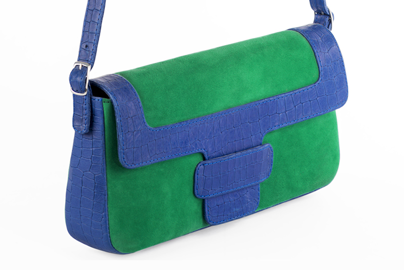 Emerald green and electric blue women's dress handbag, matching pumps and belts. Front view - Florence KOOIJMAN